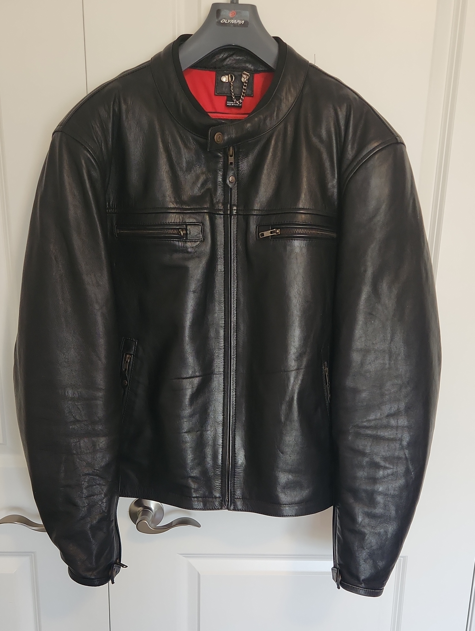Olympia Black Leather Armored Motorcycle Jacket.